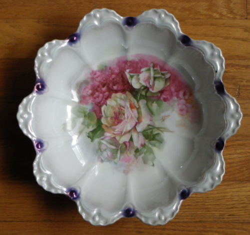 Antique 11" Scalloped-Edge Bowl-White Purple Iridescent-Seltmann-Bavaria-Signed - Picture 1 of 7
