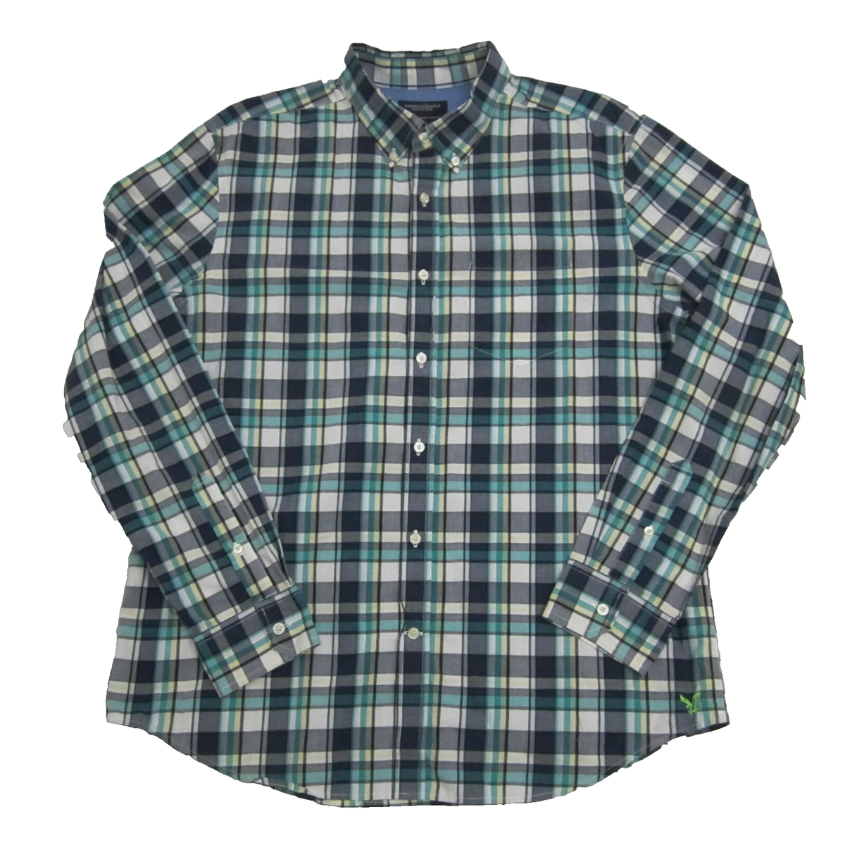 American Eagle Shirt Mens XL Teal Blue Green Plaid Casual Long