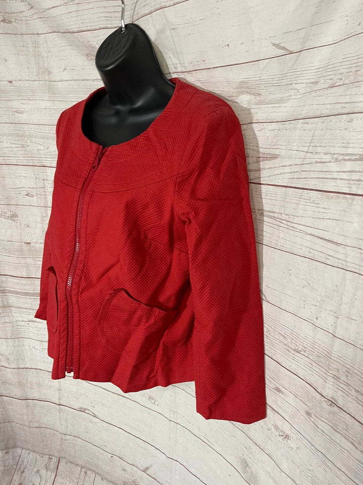 Elevenses Women’s Red Cotton Blend Round Neck Full Zip Jacket Size 10 - Image 3 of 4