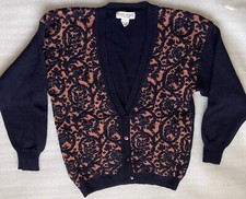 VINTAGE SUNG SPORT, WOMEN'S S, NAVY  PEACH 100 WOOL CARDIGAN SWEATER, EUC