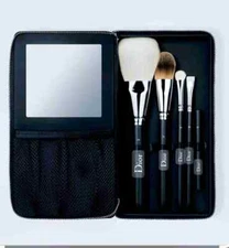 NWT Dior Black Travel Makeup Brush Set Zipper Case Mirror VIP Gift Kit 4 Brushes