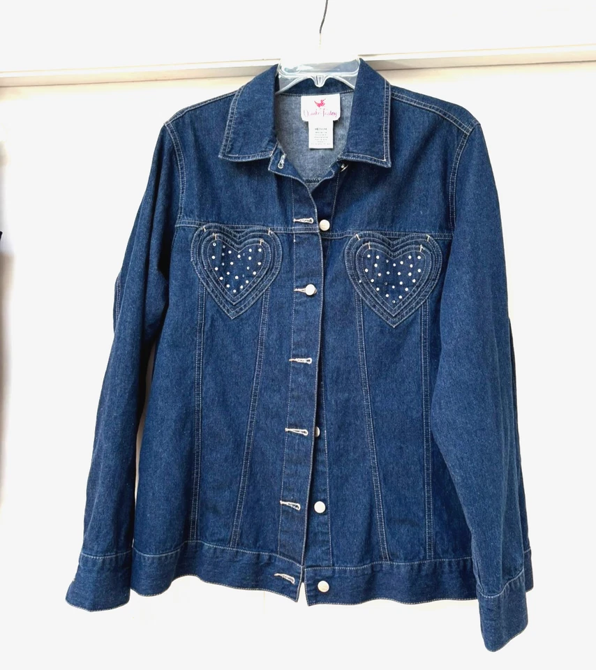 Quacker Factory Womens Jacket  Denim Button  beaded heart M - Image 2 of 4