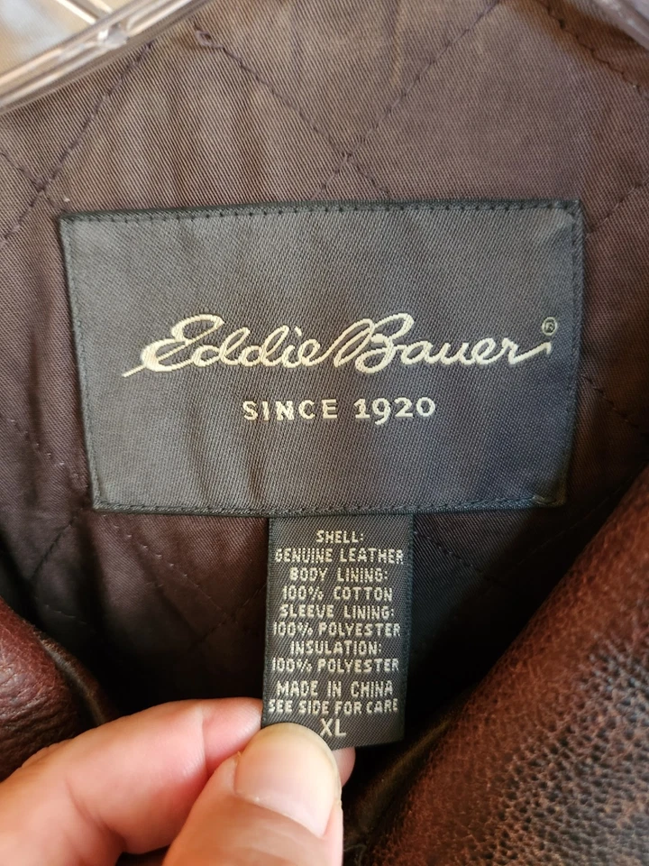 复古 Eddie Bauer 皮革外套夹克仿旧棕色男式 XL 码绗缝衬里 — 第 2/4 张图片