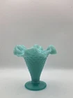 Vintage Fenton Hobnail Turquoise Milk Glass Ruffled Edge Trumpet Vase 4.25" Tall