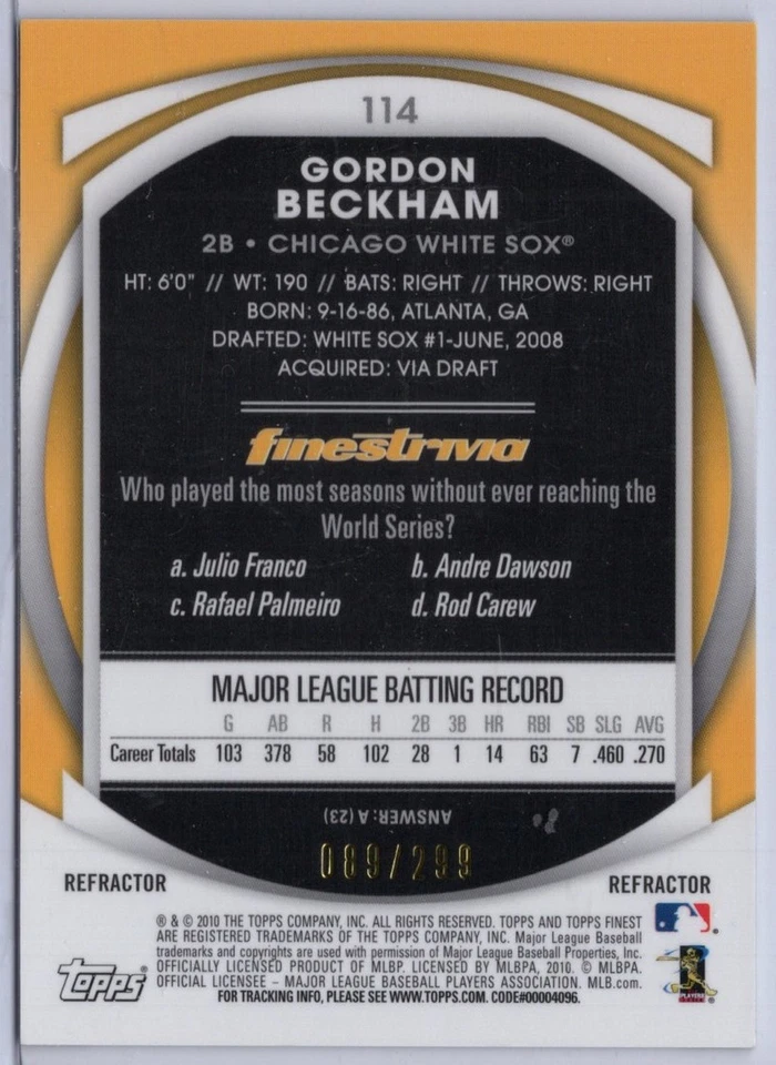 2010 Topps Finest Blue Refractor #114 Gordon Beckham #'d 089/299 - Image 2 of 2