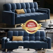 Image of Convertible Tufted Velvet Sofa Bed 3 Seater Blue Futon Couch Modern Settee UK