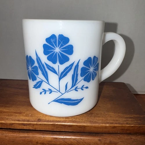 Vintage Hazel Atlas Milk Glass Blue Flower Cornflower Mug Cup