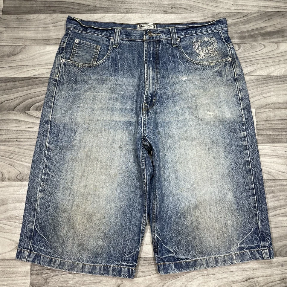 Pantalones Cortos De Colección Route 66 Calavera Denim Hombres 36 x 14 Grunge Pantalones Cortos Patinador Pierna Ancha Y2K Foto 2 de 4