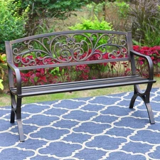50 Inches Outdoor Garden Bench, Cast Iron Metal Frame Patio Park Bench w/Floral