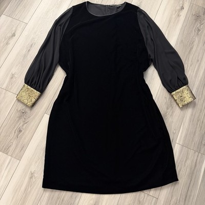 Marina Rinaldi Black Velvet Midi Dress Sheer Sleeves Brocade Jacquard Cuffs  18