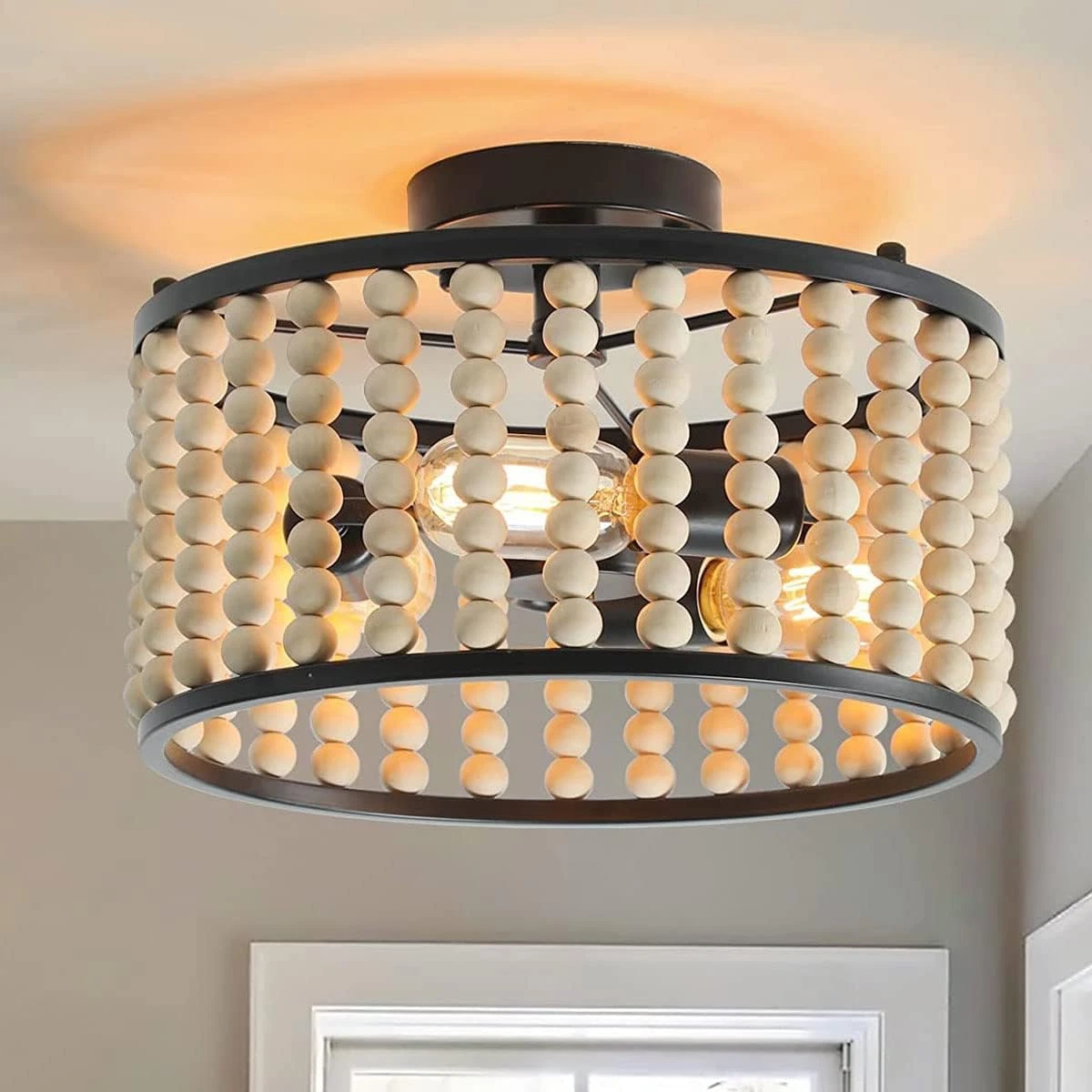 Wood bead semi flush mount light deals