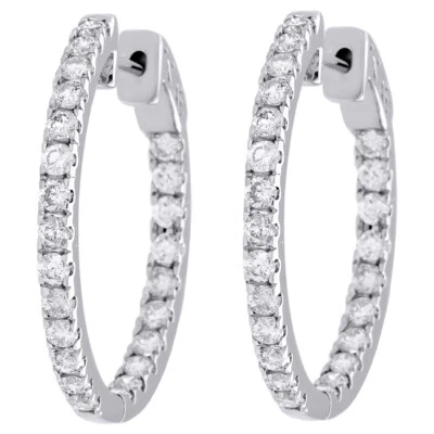 10K Weißgold Diamant In & Out Creolen Runde Scharnier Ohrringe 1,05" Lang 2 CT - Bild 1 von 4