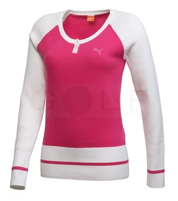 PUMA HENLEY SWEATER Puma Cotton Bright Cabaret Pink + Weiß Damen Rundhals Golf Pullover S,M,L,XL