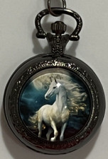 White Horse Themed Quartz Pocket Watch Black Pocket Chain Men Women Gift New