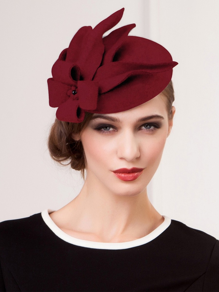 Burgundy Wedding Wool Felt Fascinator Hats Women Elegant Cocktail