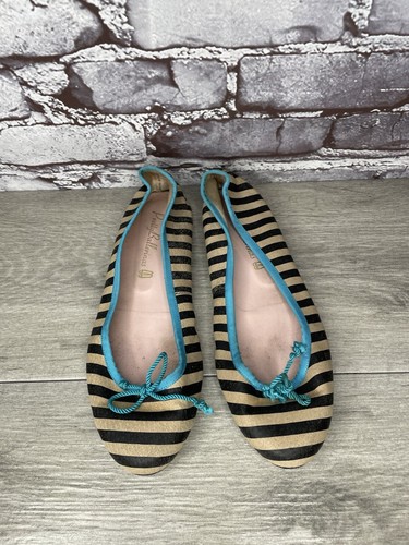 Pretty Ballerinas Fabric Black Stripe Blue Bow Ballet Flats Women’s 37.5EU/7M US - Picture 15 of 22