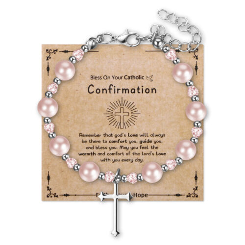 Virgin Mary Rosary Bead Cross Chain Simulated Pearl Beaded Bracelet for Women - Picture 43 of 56