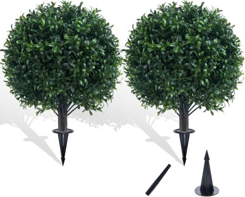 22" Artificial Boxwood Topiary Outdoor Plants with Spike, 2 Pack Faux Bushes