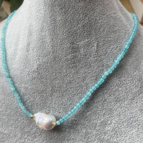 Collana con ciondolo perle tonde sfaccettate acquamarina blu 4 mm 18" - Foto 2 di 8