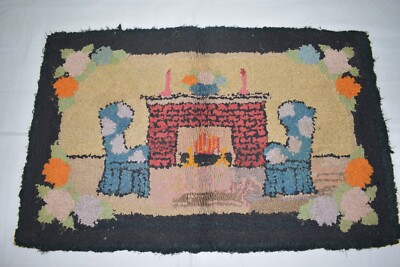 Vintage MCM Area Rug/Tapestry Fireplace  Handmade 33X21 Rectangle