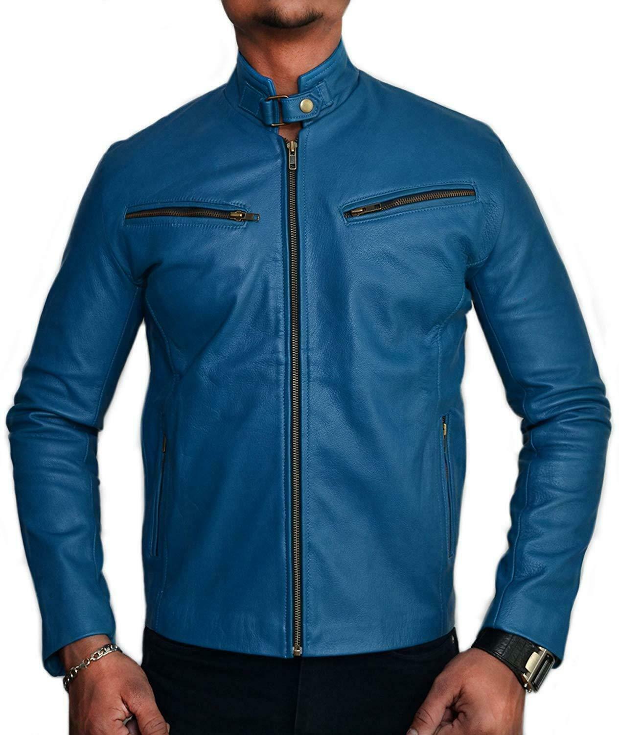 Blue Brando Lambskin Cafe Racer Biker Jacket for Men