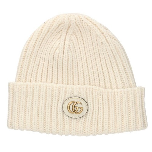 GUCCI Size M 764594 3Gbo2 Gg Logo Patch Cashmere Blend Beanie Knit Hat White- 01