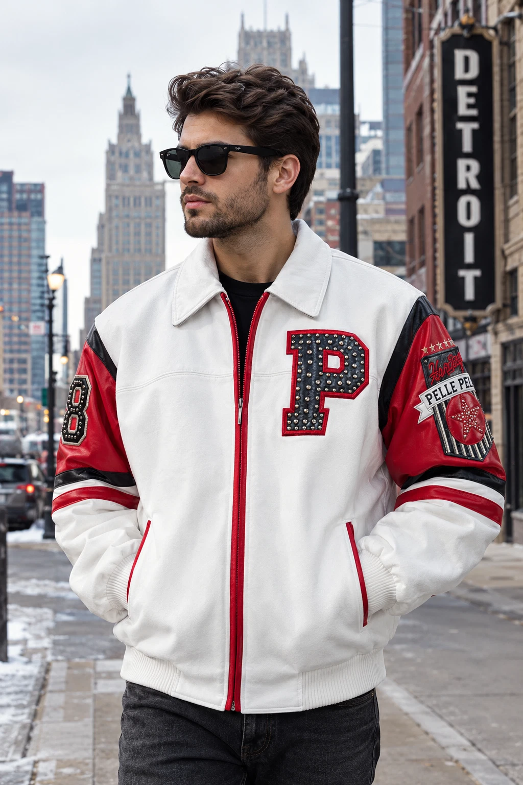 Men’s White and Red Leather Varsity Jacket, Studded Letterman Bomber Jacket image 1