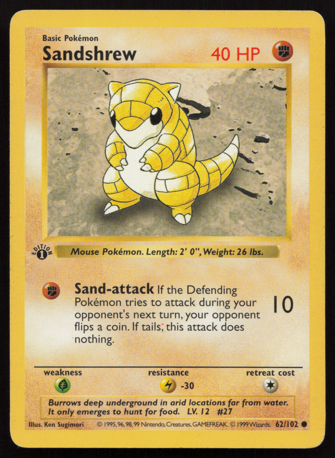 MP Pokemon Card - Sandshrew 1st Edition Base Set (Shadowless) 62/102 Common