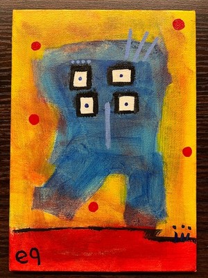 e9Art 5x7 'eyes of a stranger' naive outsider art brut painting abstract OOAK
