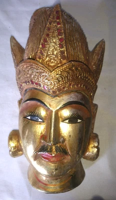 ANCIENNE STATUETTE FIGURINE MASQUE TETE DE BOUDDHA de BALI en bois doré 1970 - Photo 1/4