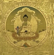 MEDICINE BUDDHA GOLD LATE 20TH C. HANDMADE THANGKA FOUND IN KEE MONASTERY, SPITI