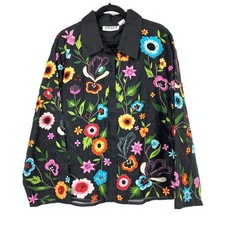 VTG Silk 90s Button Front Fully Embroidered Jacket Womens 2X Black Multi Floral