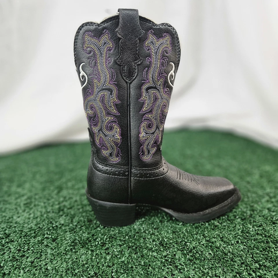 Bota estampida Justin 2554JR niños 9D cuero de vaca negro púrpura puntada blanca Foto 3 de 4