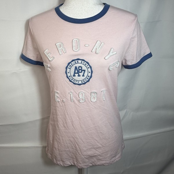 Aeropostale Varsity Ringer T-Shirt Pink Blue Aero NYC 1987 Applique Tee Large