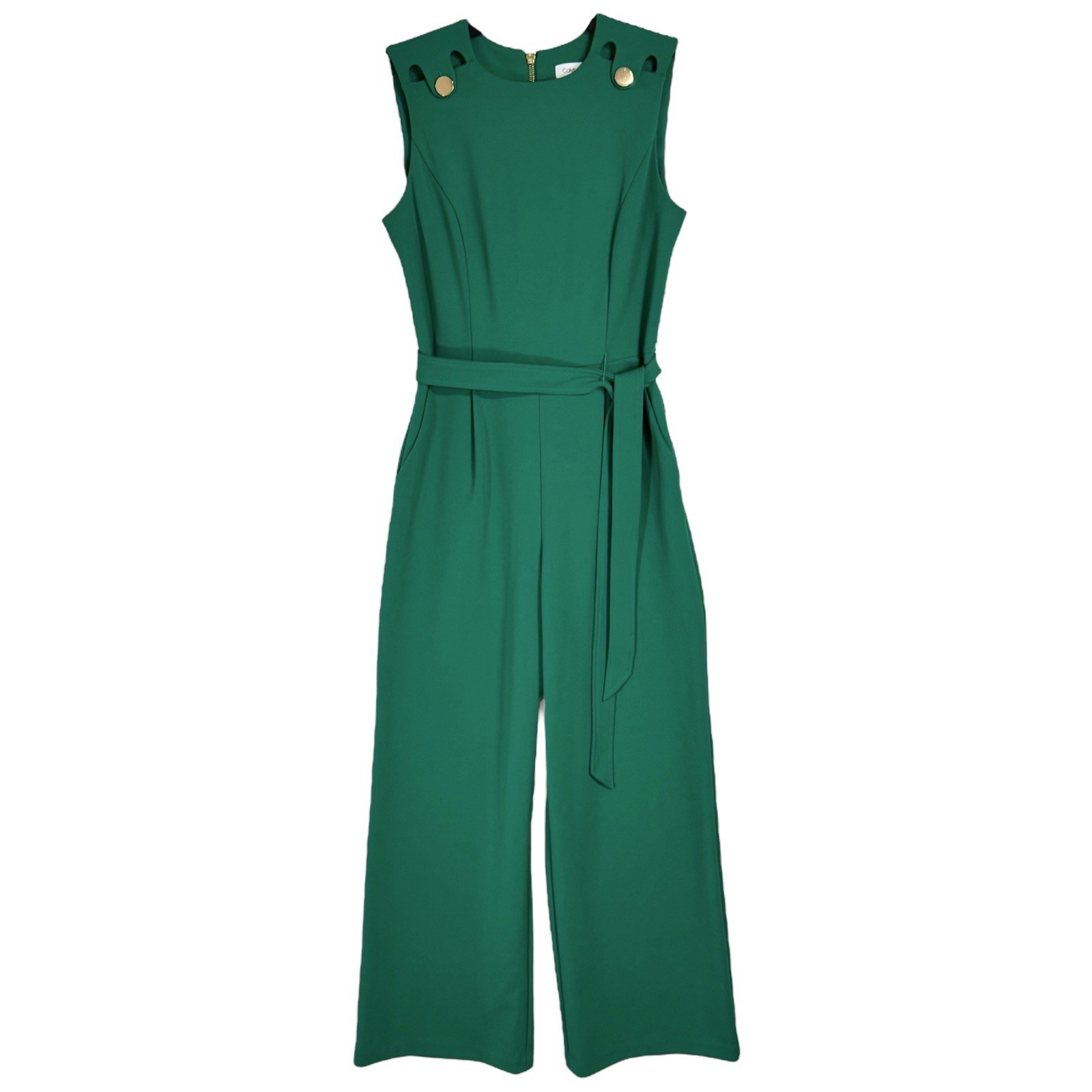 Calvin Klein Belted Wide Leg Jumpsuit Size 4 Pleated Emerald Green Gold Button