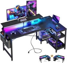 ODK 48" L-Shaped Gaming Desk w/ LED, USB, Outlets, Shelves & Stand – Black
