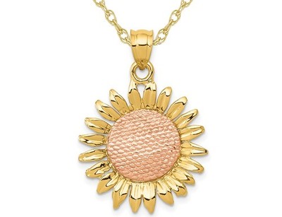 14K Gelb- und Rotgold Sonnenblume Charm Anhänger Halskette mit Kette