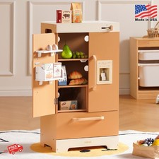 ROBUD Wooden Play Kitchen Fridge, Toy Kitchen Refrigerator, Kids Fridge Freezer
