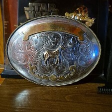 Vintage Silver Tone Engraved Horse Motif Western Belt Buckle Western Americana