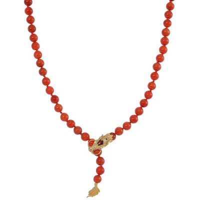 Red Jade D and Multi Gemstone 216.00 ctw Dragon Necklace in 18K Vermeil Yellow