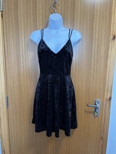 New Look Dress Women's Size UK 8 Black Velvet Glitter Sparkle Skater Party