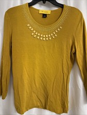 St. John L Gold Yellow Multicolor Studs Studded 3/4 Sleeve Top Blouse Sz S EUC