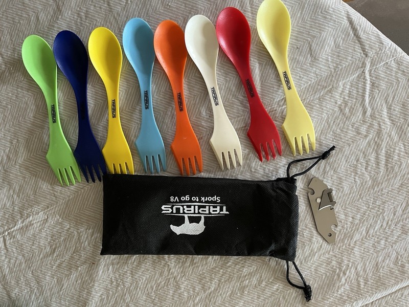 Tapirus Camp Sporks to Go V8 Set of 8 BPA Free Plastic + Can/bottle Opener & Bag