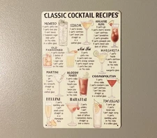 "Classic Cocktail Recipes" Wall Art Decor 8x12 Tin Sign - Picture Frame Optiona