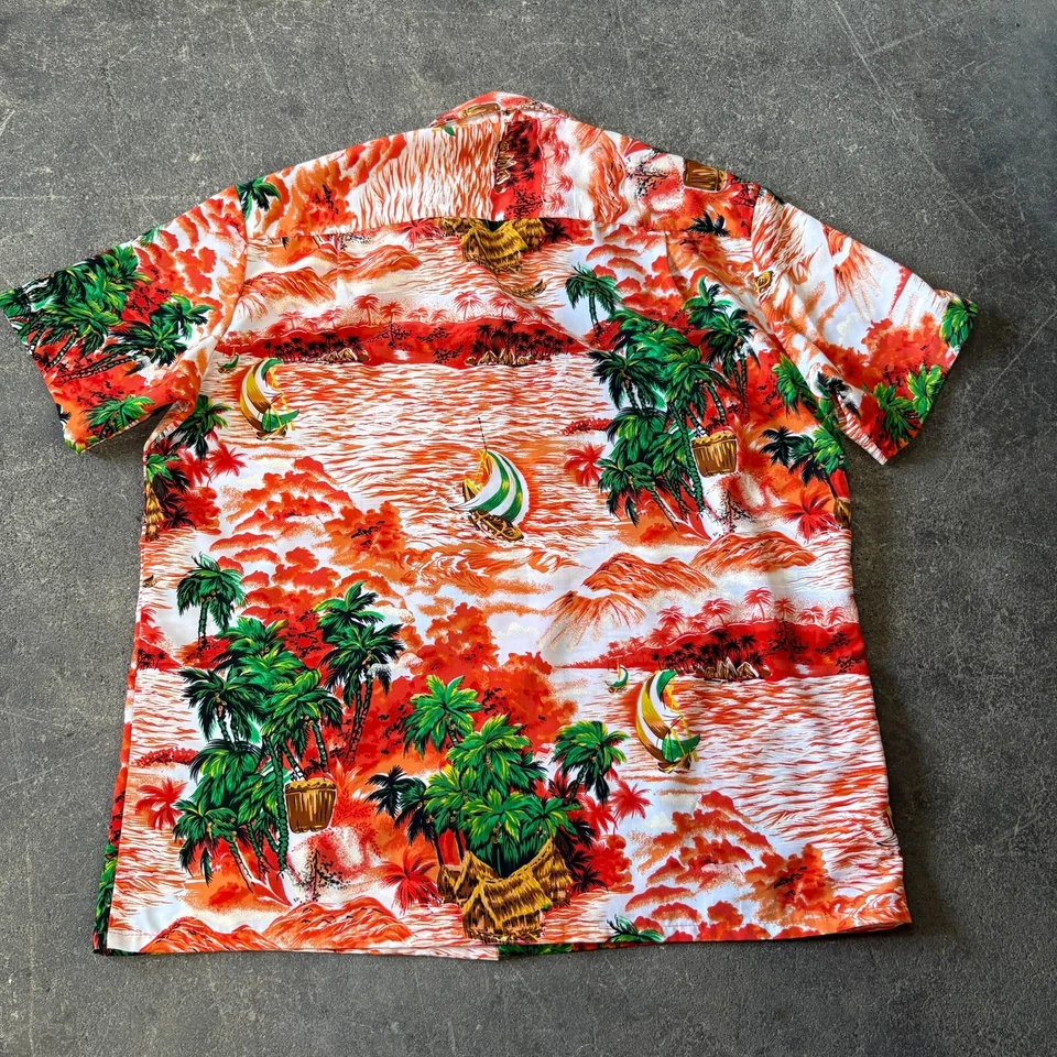 Camisa Hawaiana Kennington De Colección Para Hombres L Naranja Rojo Verde Palm Beach Vacaciones Foto 4 de 4