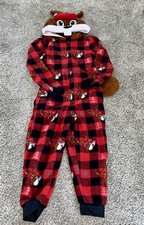 BUC-EES Pajama One Piece Size YXS/S Hooded Fleece Christmas Theme Soft