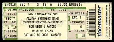 Allman Brothers Band Bob Weir RatDog 2008 Aug 16 Ticket Stub Mansfield MA *TJ71 - Image 1 of 2