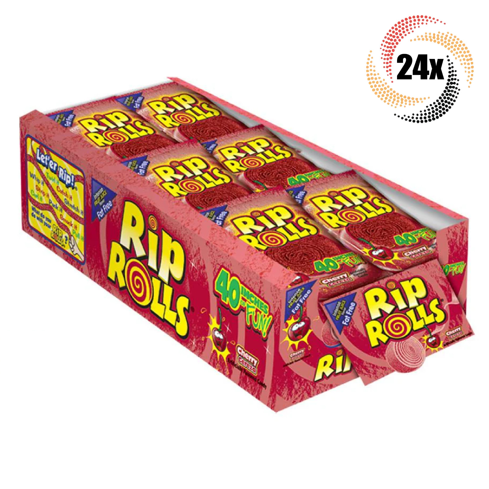 Полная коробка из 24 упаковок обезжиренных вишневых конфет Rip Rolls | 40 дюймов удовольствия | 1,4 унции