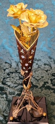 Moser 1880's Antique Rare 14K Gold Gilt, 3D Enameling Rare Tripod Gilded Bronze