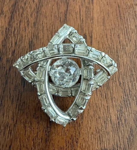 Vintage Eisenberg Atomic Brooch Large Rhinestones Silver Tone Signed Geometric